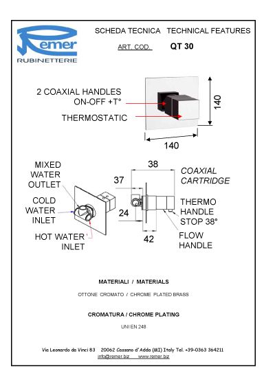 Термостат встраиваемый для душа Remer Qubika Thermo QT30.